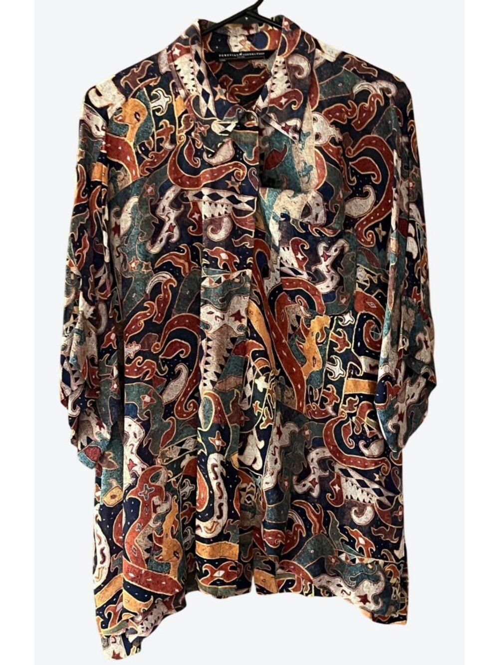 Peruvian Connection Boho Geometric Short Sleeve Button Front Large Blouse